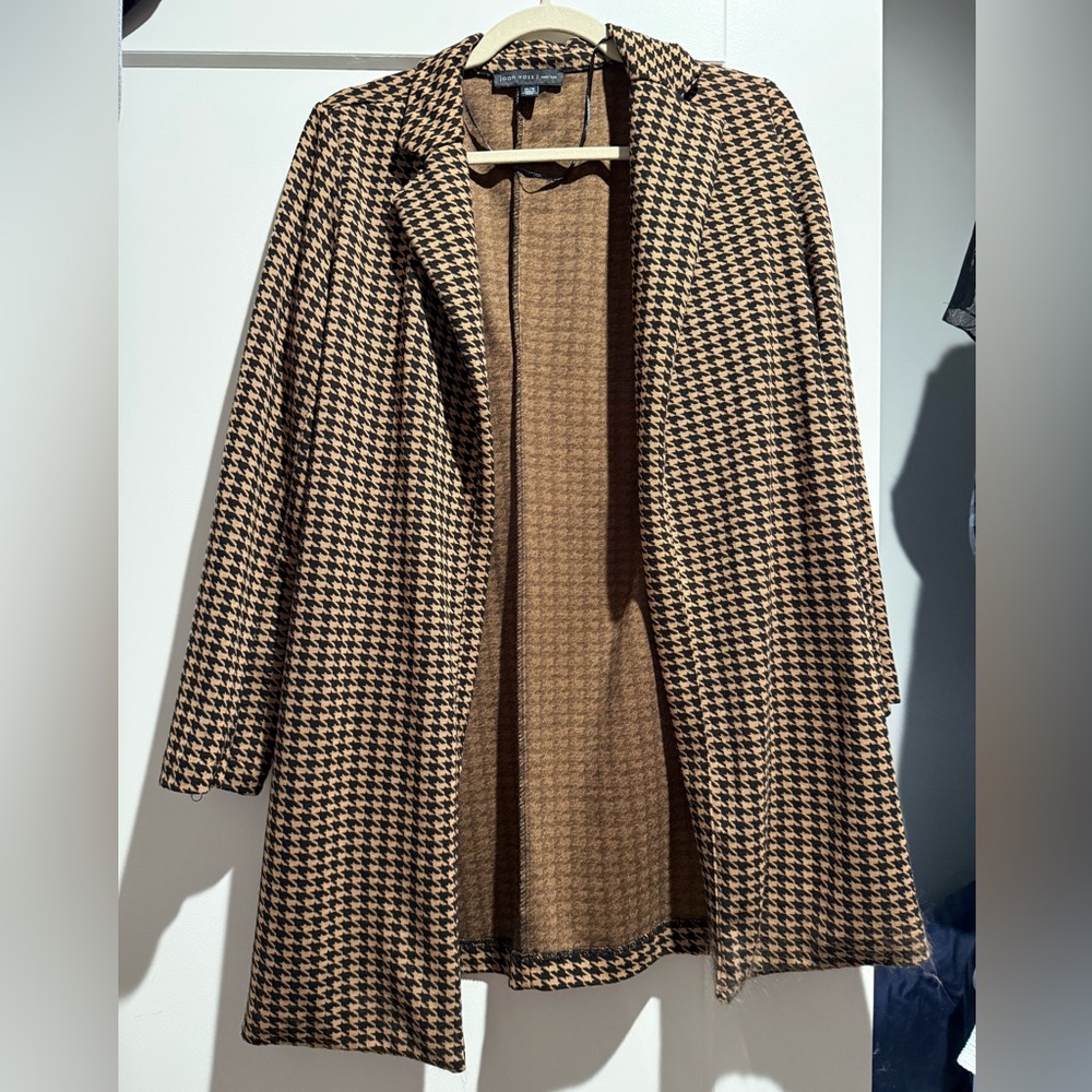 Joan Vass Black and Tan Houndstooth Trench Coat